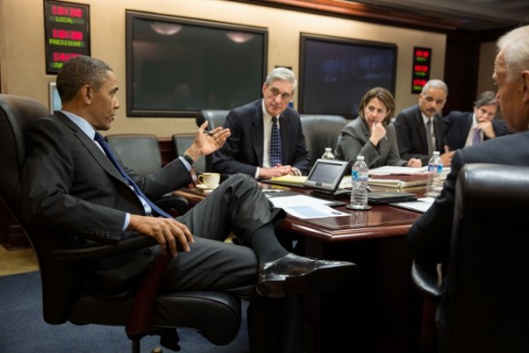 President Obama gets briefed by his national security team on the developments in the Boston bombing